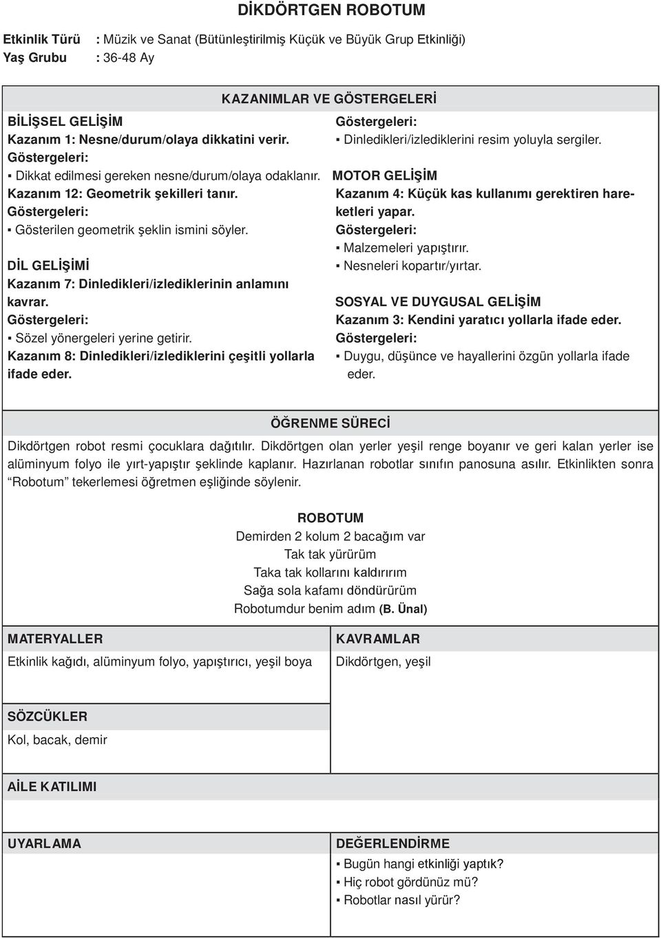 Gösterilen geometrik şeklin ismini söyler. Malzemeleri yapıştırır. Nesneleri kopartır/yırtar. Kazanım 7: Dinledikleri/izlediklerinin anlamını kavrar.