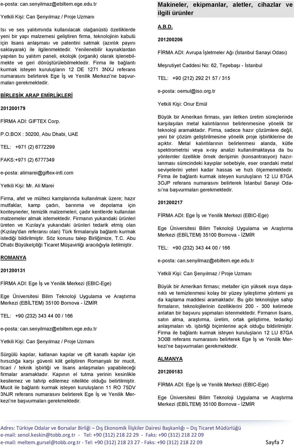 Firma ile bağlantı kurmak isteyen kuruluģların 12 DE 1271 3NXJ referans BİRLEŞİK ARAP EMİRLİKLERİ 201200179 FĠRMA ADI: GIFTEX Corp. P.O.