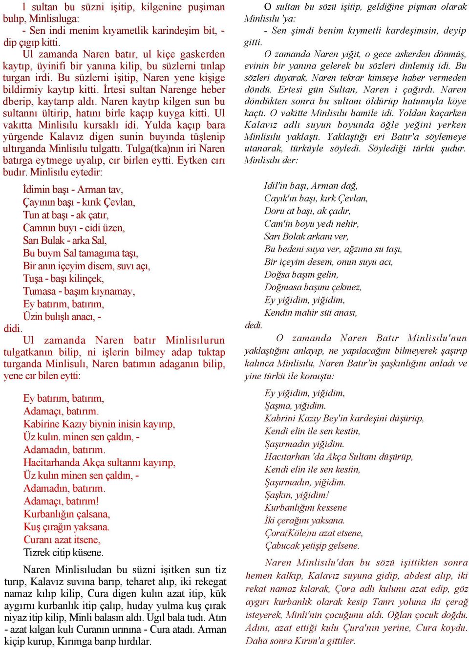 İrtesi sultan Narenge heber dberip, kaytarıp aldı. Naren kaytıp kilgen sun bu sultannı ültirip, hatını birle kaçıp kuyga kitti. Ul vakıtta Minlisılu kursaklı idi.