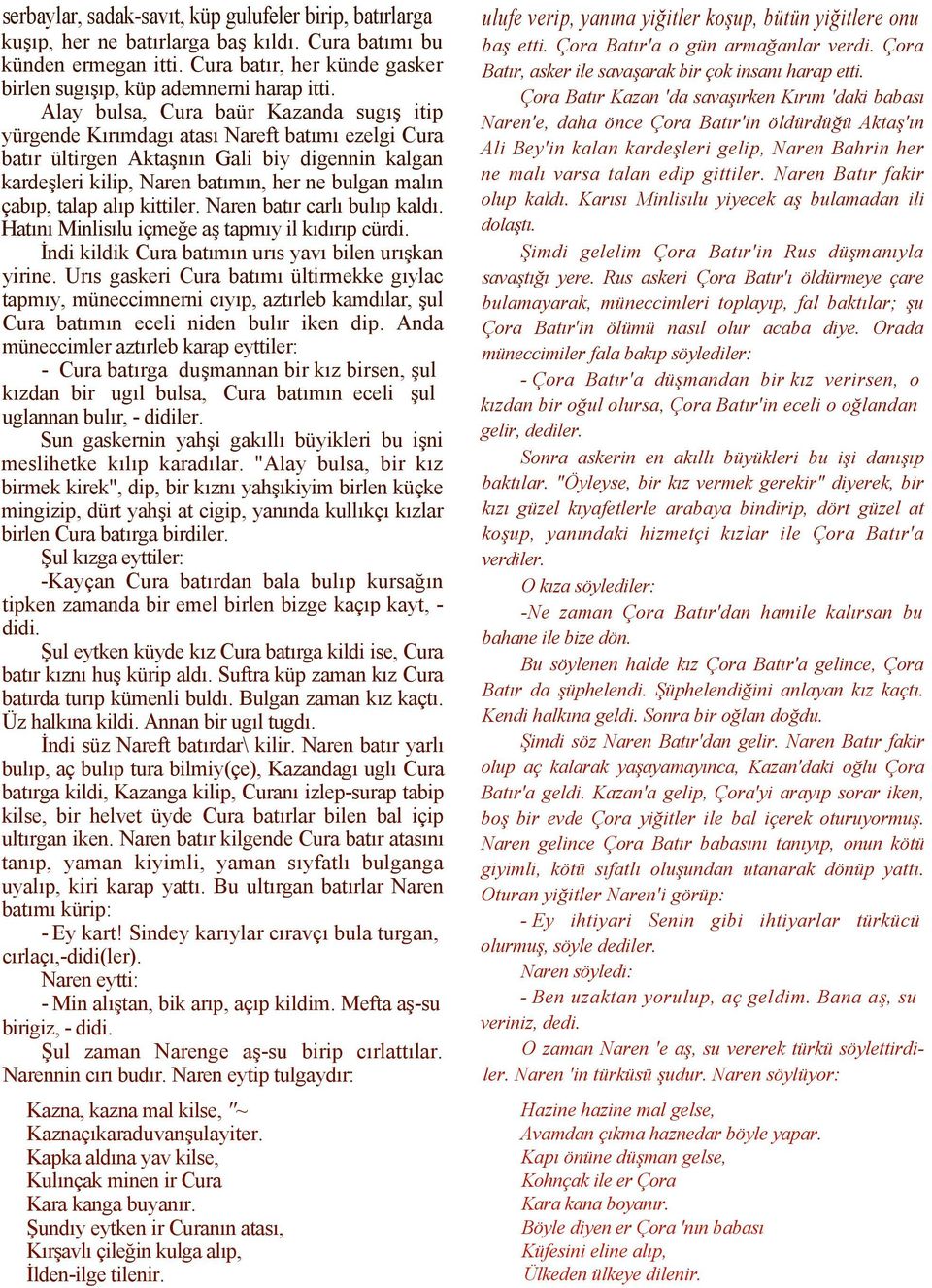 çabıp, talap alıp kittiler. Naren batır carlı bulıp kaldı. Hatını Minlisılu içmeğe aş tapmıy il kıdırıp cürdi. İndi kildik Cura batımın urıs yavı bilen urışkan yirine.