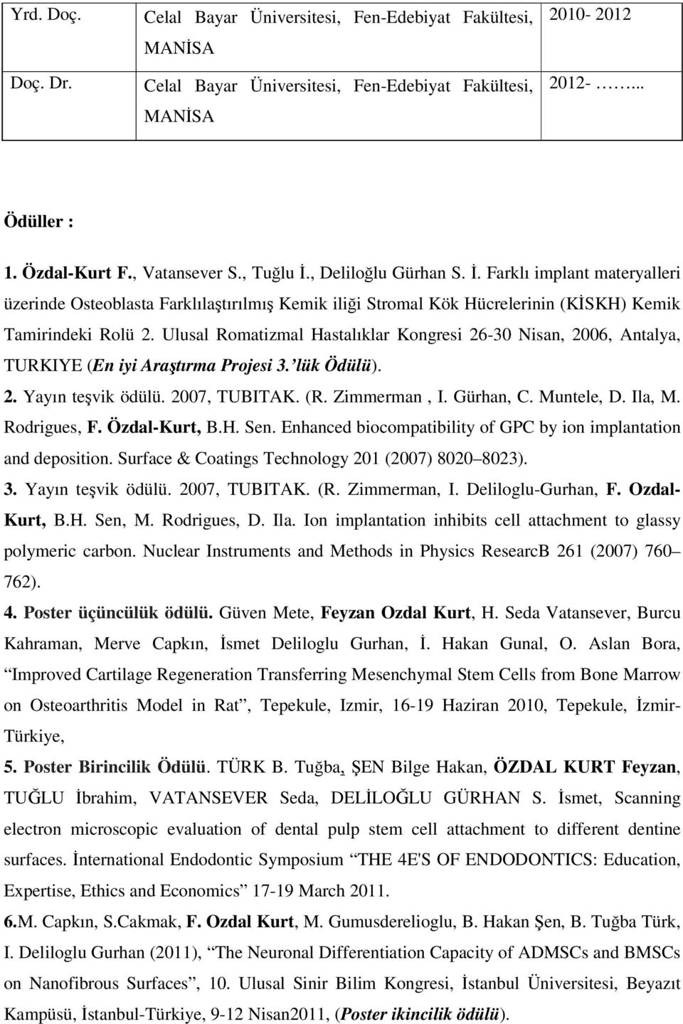 Ulusal Romatizmal Hastalıklar Kongresi 26-30 Nisan, 2006, Antalya, TURKIYE (En iyi Araştırma Projesi 3. lük Ödülü). 2. Yayın teşvik ödülü. 2007, TUBITAK. (R. Zimmerman, I. Gürhan, C. Muntele, D.