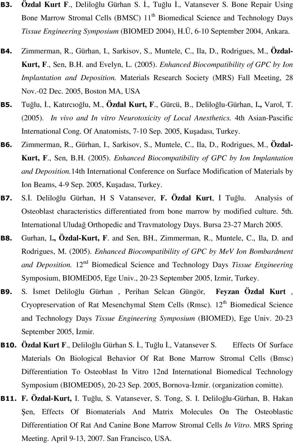 , Gürhan, I., Sarkisov, S., Muntele, C., Ila, D., Rodrigues, M., Özdal- Kurt, F., Sen, B.H. and Evelyn, L. (2005). Enhanced Biocompatibility of GPC by Ion Implantation and Deposition.
