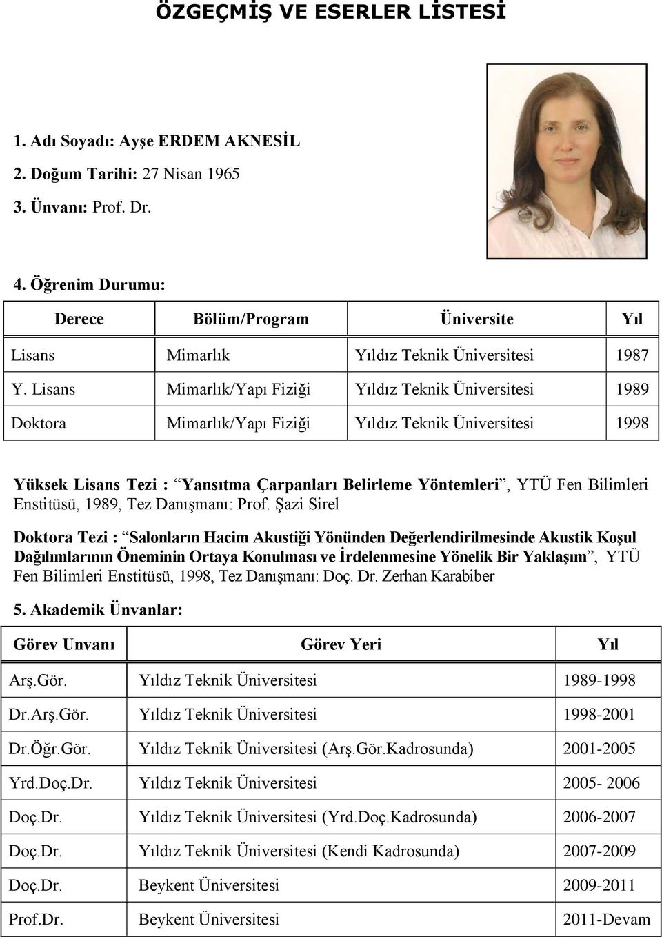 Lisans Mimarlık/Yapı Fiziği Yıldız Teknik Üniversitesi 1989 Doktora Mimarlık/Yapı Fiziği Yıldız Teknik Üniversitesi 1998 Yüksek Lisans Tezi : Yansıtma Çarpanları Belirleme Yöntemleri, YTÜ Fen