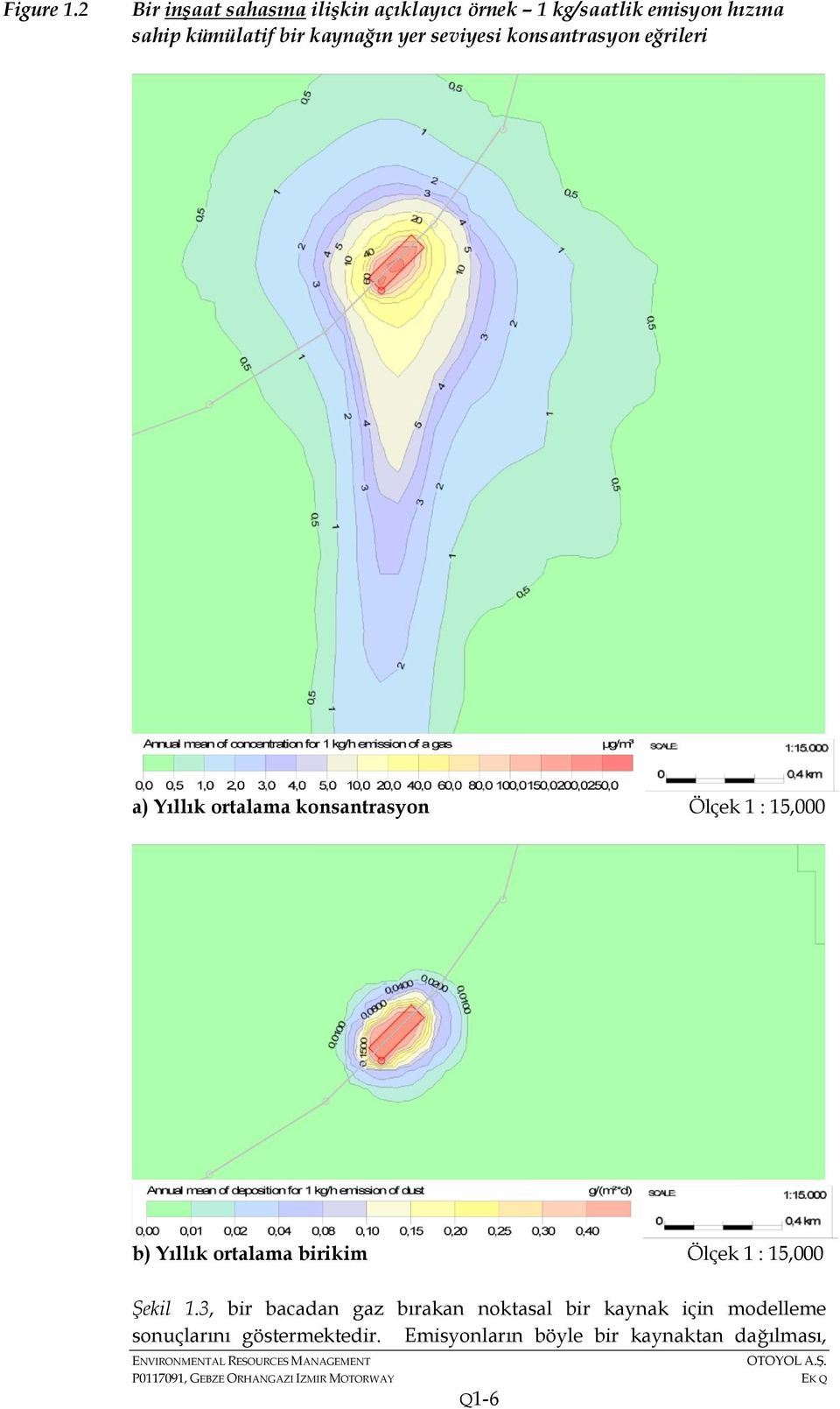 konsantrasyon eğrileri a) Yıllık ortalama konsantrasyon Ölçek 1 : 15,000 b) Yıllık ortalama birikim Ölçek 1 : 15,000