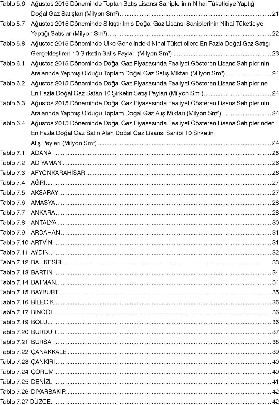 8 Ağustos 2015 Döneminde Ülke Genelindeki Nihai Tüketicilere En Fazla Doğal Gaz Satışı Gerçekleştiren 10 Şirketin Satış Payları (Milyon Sm 3 )... 23 Tablo 6.