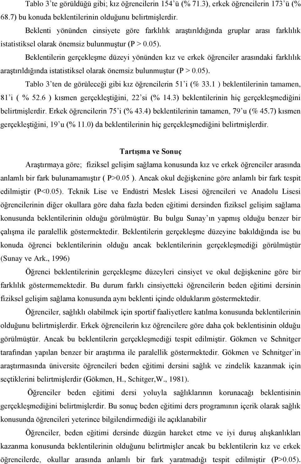 Beklentilerin gerçekleşme düzeyi yönünden kız ve erkek öğrenciler arasındaki farklılık araştırıldığında istatistiksel olarak önemsiz bulunmuştur (P > 0.05).