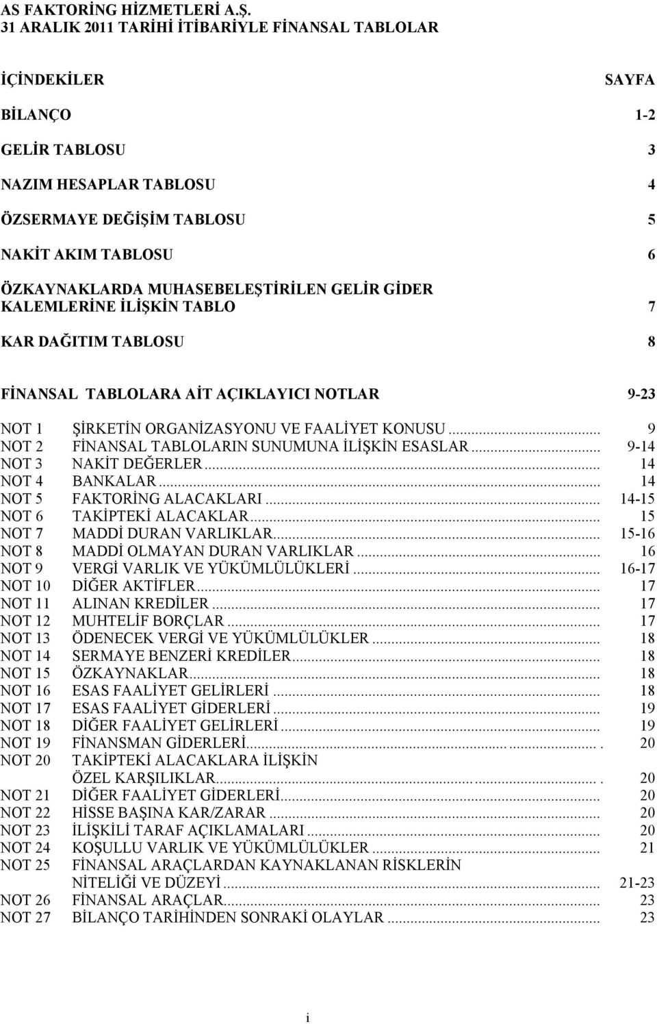 MUHASEBELEŞTİRİLEN GELİR GİDER KALEMLERİNE İLİŞKİN TABLO 7 KAR DAĞITIM TABLOSU 8 FİNANSAL TABLOLARA AİT AÇIKLAYICI NOTLAR 9-23 NOT 1 ŞİRKETİN ORGANİZASYONU VE FAALİYET KONUSU.