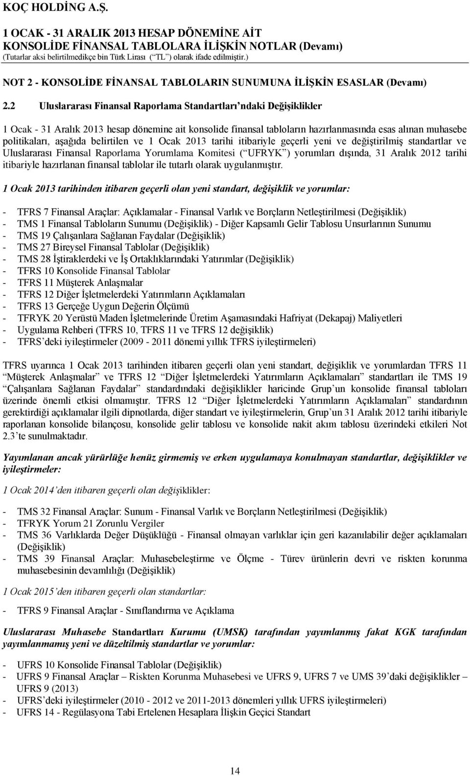 belirtilen ve 1 Ocak 2013 tarihi itibariyle geçerli yeni ve değiştirilmiş standartlar ve Uluslararası Finansal Raporlama Yorumlama Komitesi ( UFRYK ) yorumları dışında, 31 Aralık 2012 tarihi