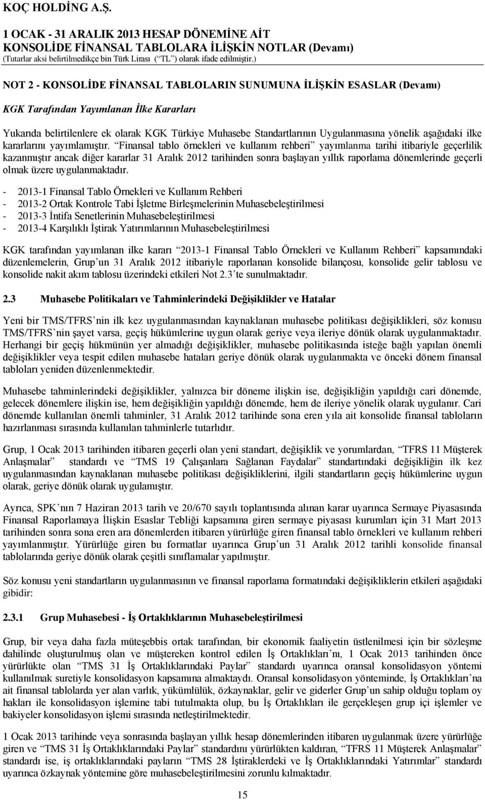 Finansal tablo örnekleri ve kullanım rehberi yayımlanma tarihi itibariyle geçerlilik kazanmıştır ancak diğer kararlar 31 Aralık 2012 tarihinden sonra başlayan yıllık raporlama dönemlerinde geçerli