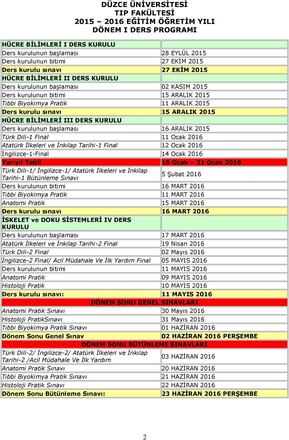 ARALIK 2015 HÜCRE BİLİMLERİ III DERS KURULU Ders kurulunun başlaması 16 ARALIK 2015 Türk Dili-1 Final 11 Ocak 2016 Atatürk İlkeleri ve İnkilap Tarihi-1 Final 12 Ocak 2016 İngilizce-1-Final 14 Ocak