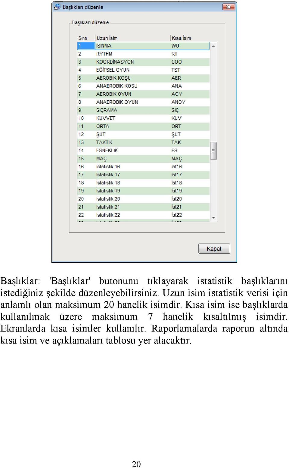 Kısa isim ise başlıklarda kullanılmak üzere maksimum 7 hanelik kısaltılmış isimdir.