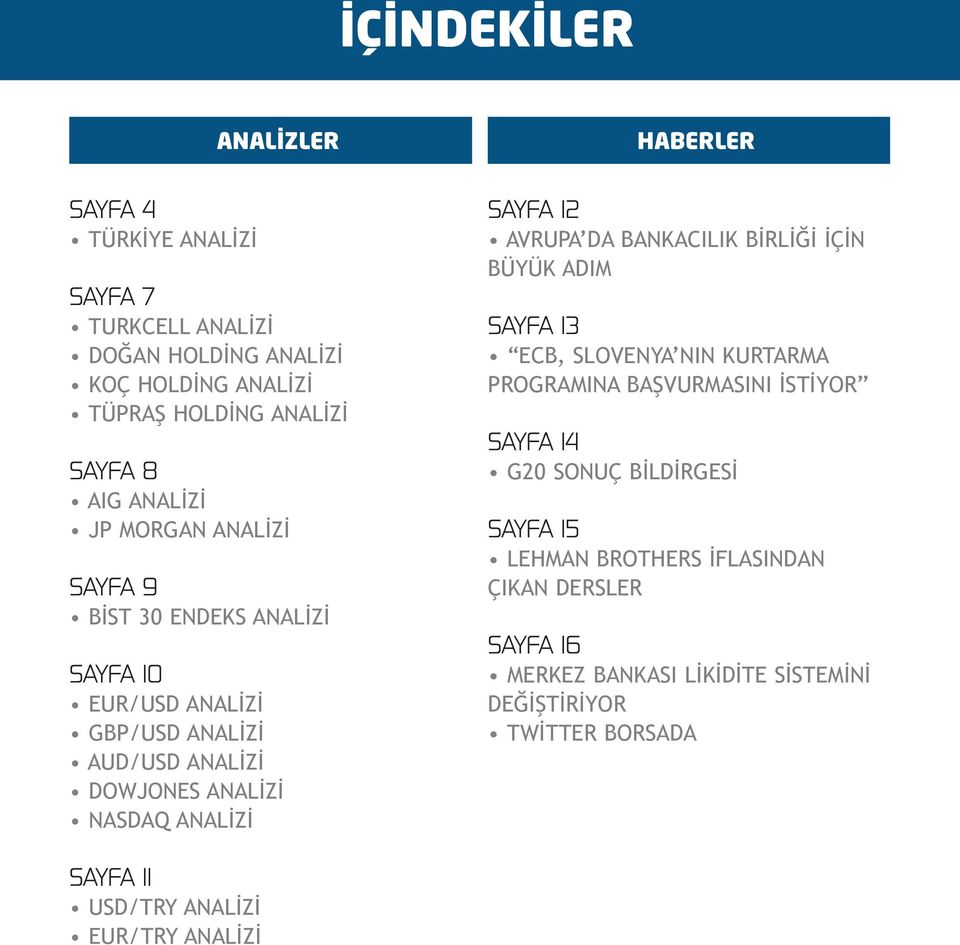 SAYFA 12 AVRUPA DA BANKACILIK BİRLİĞİ İÇİN BÜYÜK ADIM SAYFA 13 ECB, SLOVENYA NIN KURTARMA PROGRAMINA BAŞVURMASINI İSTİYOR SAYFA 14 G20 SONUÇ BİLDİRGESİ