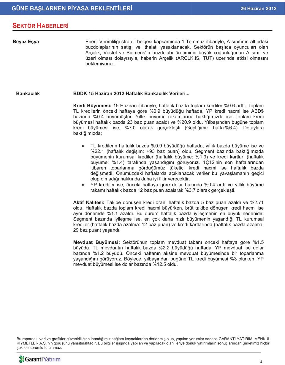 IS, TUT) üzerinde etkisi olmas n beklemiyoruz. Bankac l k BDDK 15 Haziran 2012 Haftal k Bankac l k Verileri... Kredi Büyümesi: 15 Haziran itibariyle, haftal k bazda toplam krediler %0.6 artt.