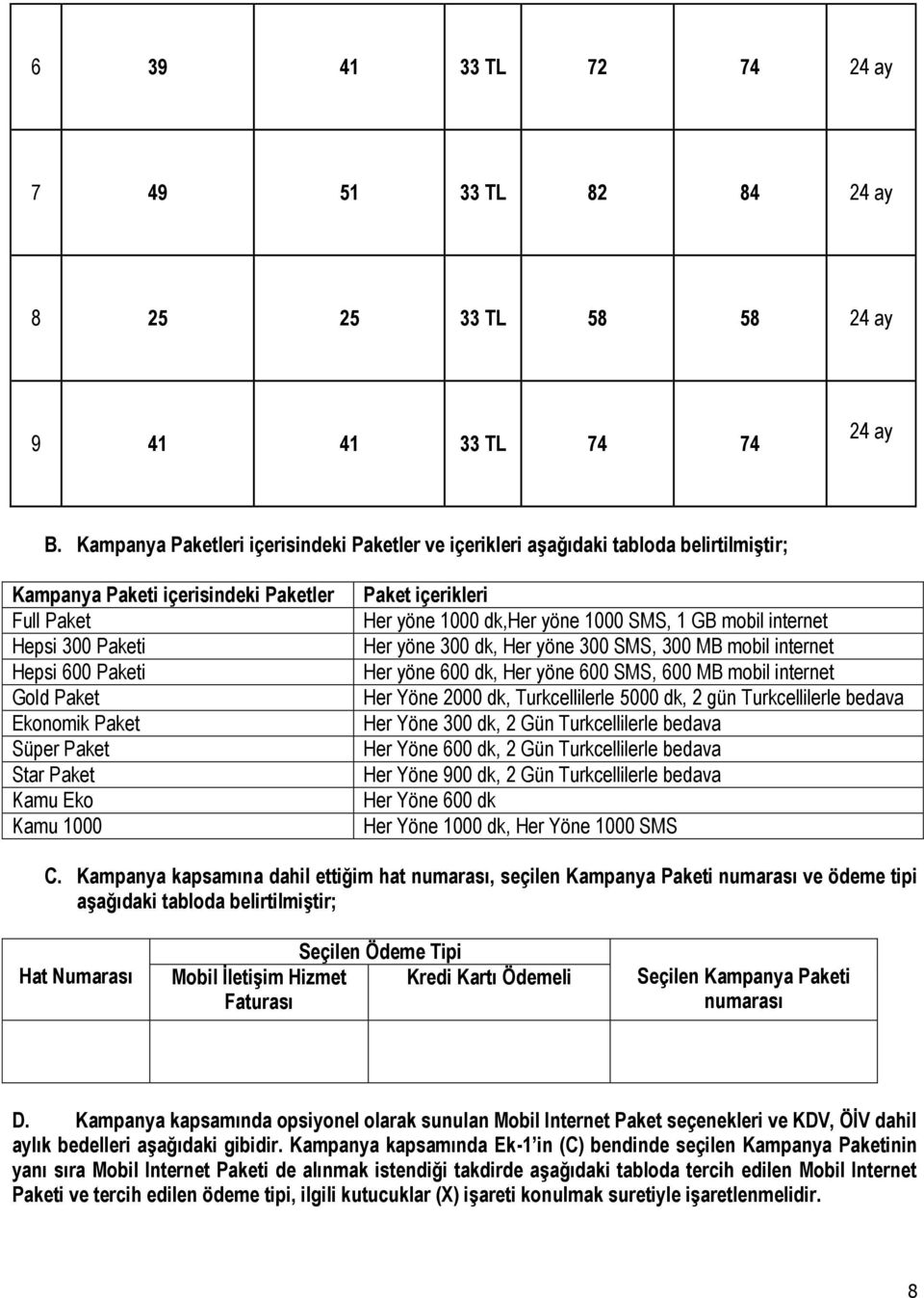 Süper Paket Star Paket Kamu Eko Kamu 1000 Paket içerikleri Her yöne 1000 dk,her yöne 1000 SMS, 1 GB mobil internet Her yöne 300 dk, Her yöne 300 SMS, 300 MB mobil internet Her yöne 600 dk, Her yöne