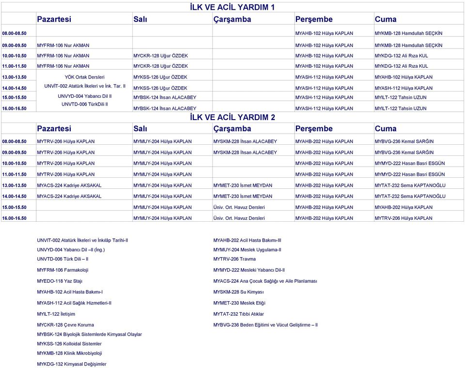 50 YÖK Ortak Dersleri MYKSS-126 Uğur ÖZDEK MYASH-112 Hülya KAPLAN MYAHB-102 Hülya KAPLAN MYKSS-126 Uğur ÖZDEK MYASH-112 Hülya KAPLAN MYASH-112 Hülya KAPLAN MYBSK-124 İhsan ALACABEY MYASH-112 Hülya