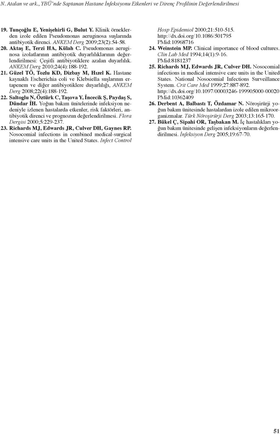 Pseudomonas aeruginosa izolatlarının antibiyotik duyarlılıklarının değerlendirilmesi: Çeşitli antibiyotiklere azalan duyarlılık. ANKEM Derg 00;():889.. Güzel TÖ, Tozlu KD, Dizbay M, Hızel K.