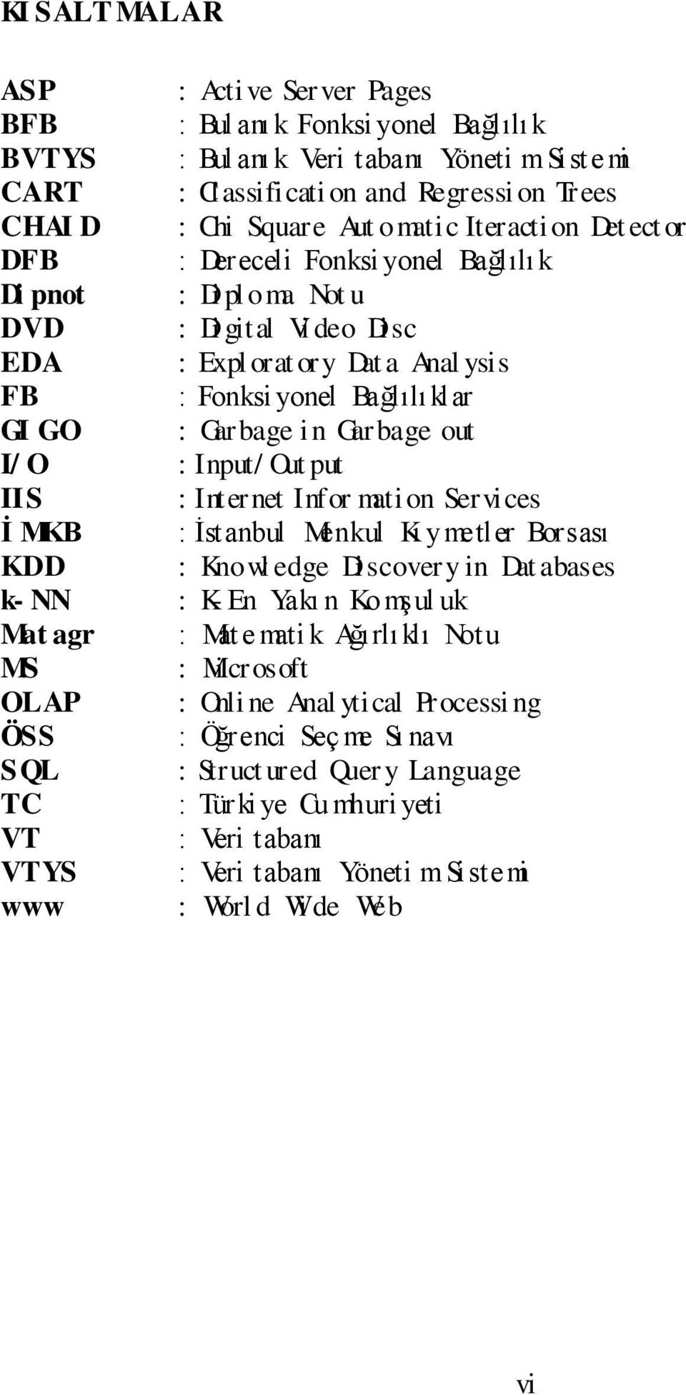 Garbage i n Garbage out I/ O : Input/ Out put IIS : Internet Infor mati on Services Ġ MKB : İstanbul Menkul Kı ymetler Borsası KDD : Knowl edge Discovery in Dat abases k- NN : K- En Yakı n Ko mşul uk