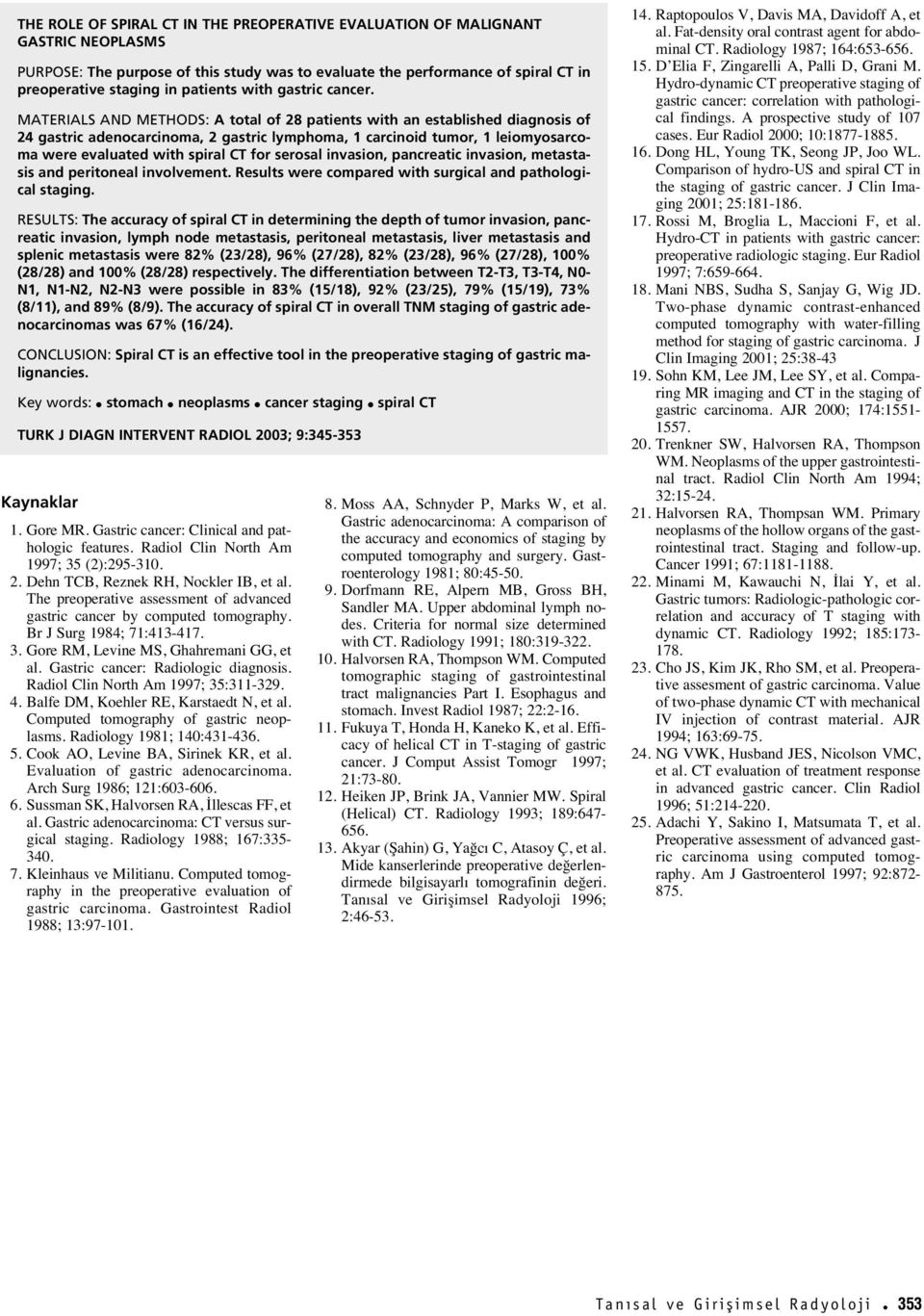 MATERIALS AND METHODS: A total of 28 patients with an established diagnosis of 24 gastric adenocarcinoma, 2 gastric lymphoma, 1 carcinoid tumor, 1 leiomyosarcoma were evaluated with spiral CT for