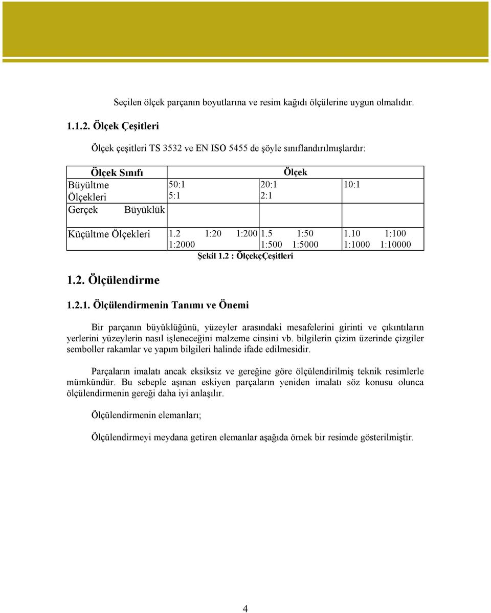 2 1:20 1:200 1.5 1:50 1:2000 1:500 1:5000 Şekil 1.2 : ÖlçekçÇeşitleri 1.10 1:100 1:1000 1:10000 1.2. Ölçülendirme 1.2.1. Ölçülendirmenin Tanımı ve Önemi Bir parçanın büyüklüğünü, yüzeyler arasındaki mesafelerini girinti ve çıkıntıların yerlerini yüzeylerin nasıl işleneceğini malzeme cinsini vb.