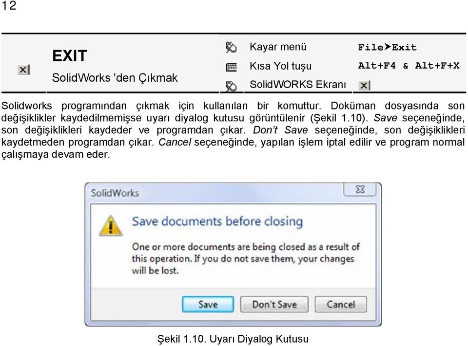 Doküman dosyasında son değişiklikler kaydedilmemişse uyarı diyalog kutusu görüntülenir (Şekil 1.10).