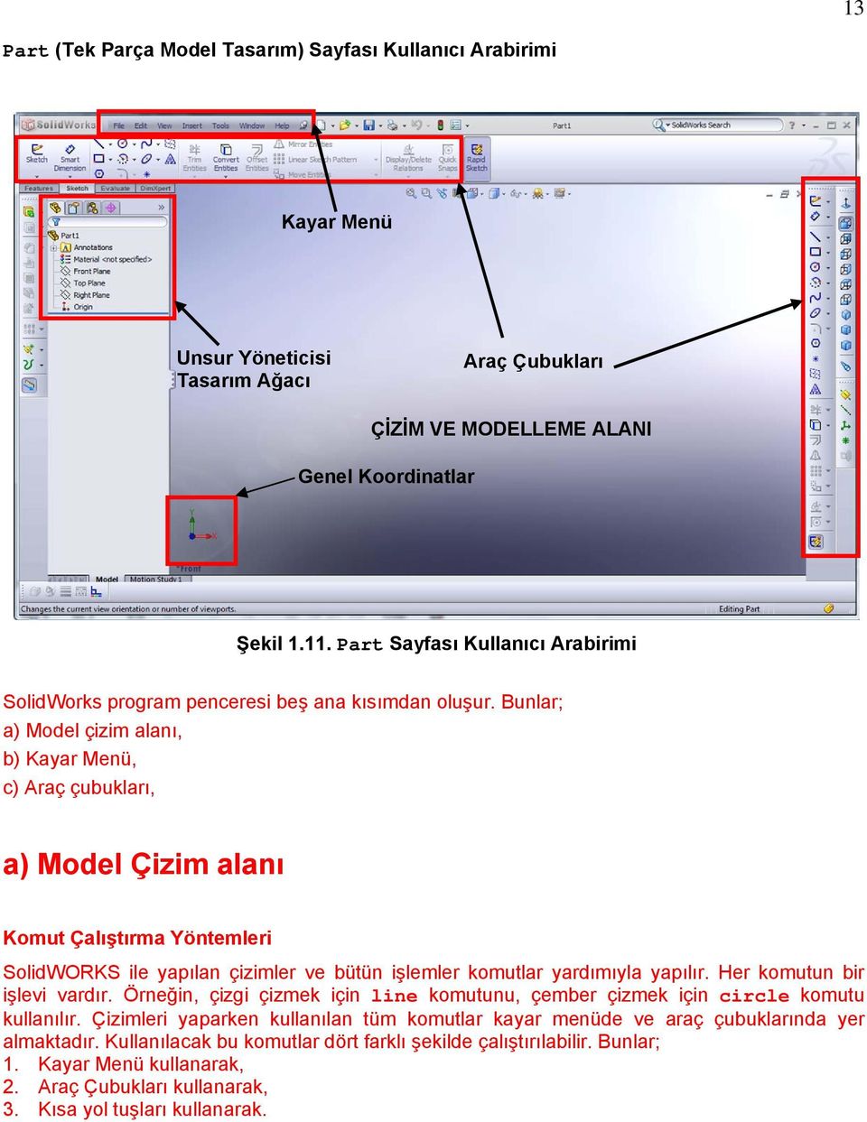 Bunlar; a) Model çizim alanı, b) Kayar Menü, c) Araç çubukları, a) Model Çizim alanı Komut Çalıştırma Yöntemleri SolidWORKS ile yapılan çizimler ve bütün işlemler komutlar yardımıyla yapılır.