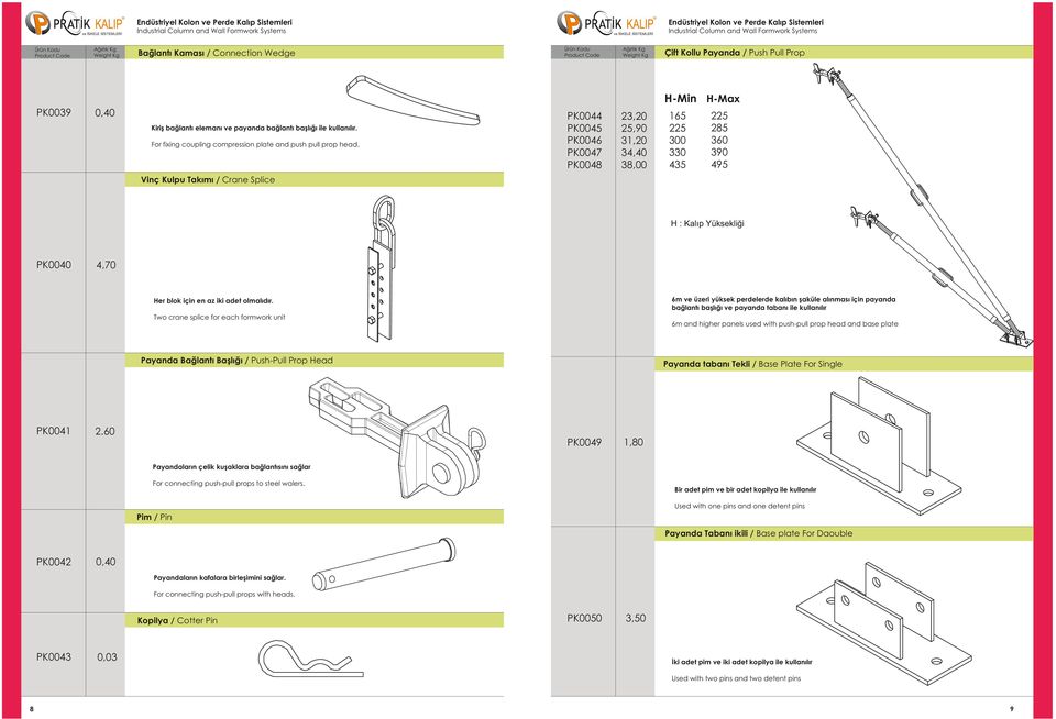 PK00 PK00 PK006 PK007 PK008,0 5, 1,0,0 8,00 165 5 0 5 5 85 60 95 Vinç Kulpu Takımı / Crane Splice H : Kalıp Yüksekliği PK000,70 6m ve üzeri yüksek perdelerde kalıbın şaküle alınması için payanda