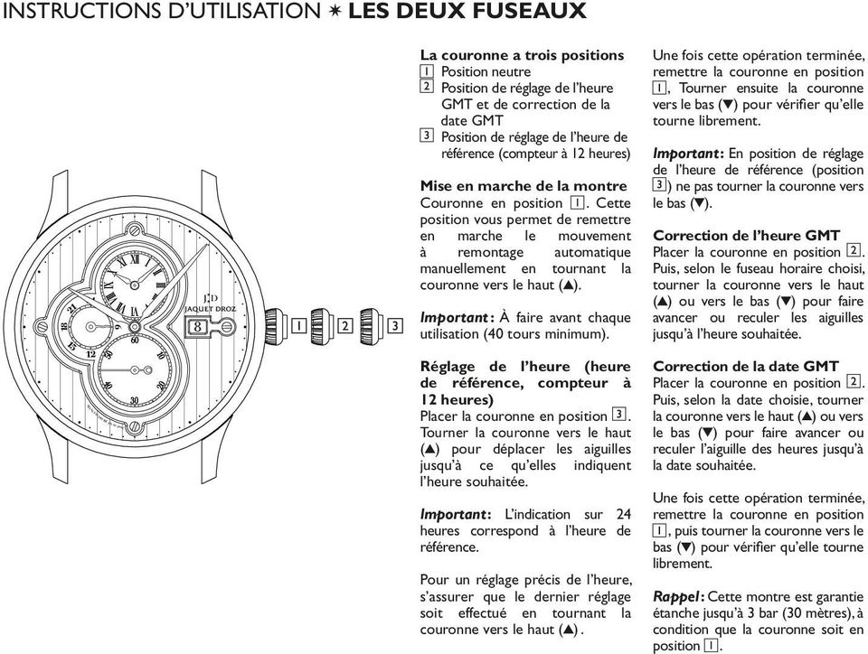 Cette position vous permet de remettre en marche le mouvement à remontage automatique manuellement en tournant la couronne vers le haut ( ).