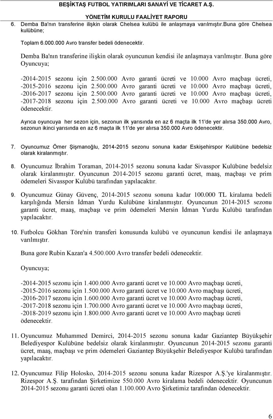 000 Avro maçbaşı ücreti, -2015-2016 sezonu için 2.500.000 Avro garanti ücreti ve 10.000 Avro maçbaşı ücreti, -2016-2017 sezonu için 2.500.000 Avro garanti ücreti ve 10.000 Avro maçbaşı ücreti, -2017-2018 sezonu için 2.