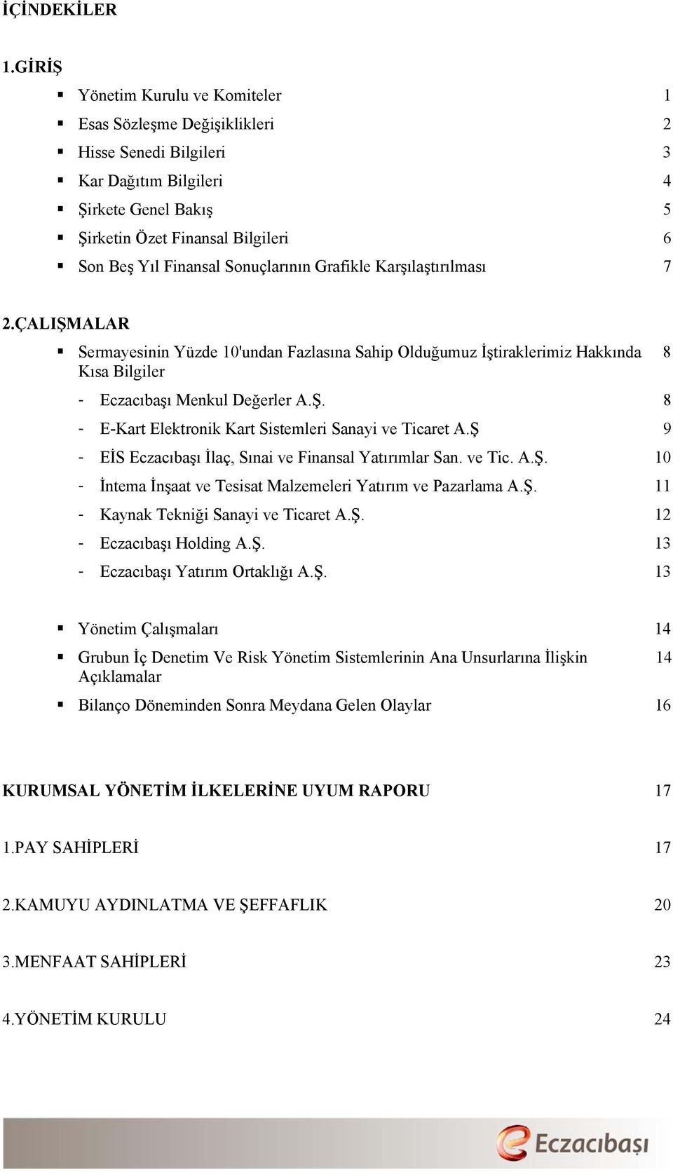 Sonuçlarının Grafikle Karşılaştırılması 7 2.ÇALIŞMALAR Sermayesinin Yüzde 10'undan Fazlasına Sahip Olduğumuz İştiraklerimiz Hakkında 8 Kısa Bilgiler - Eczacıbaşı Menkul Değerler A.Ş. 8 - E-Kart Elektronik Kart Sistemleri Sanayi ve Ticaret A.