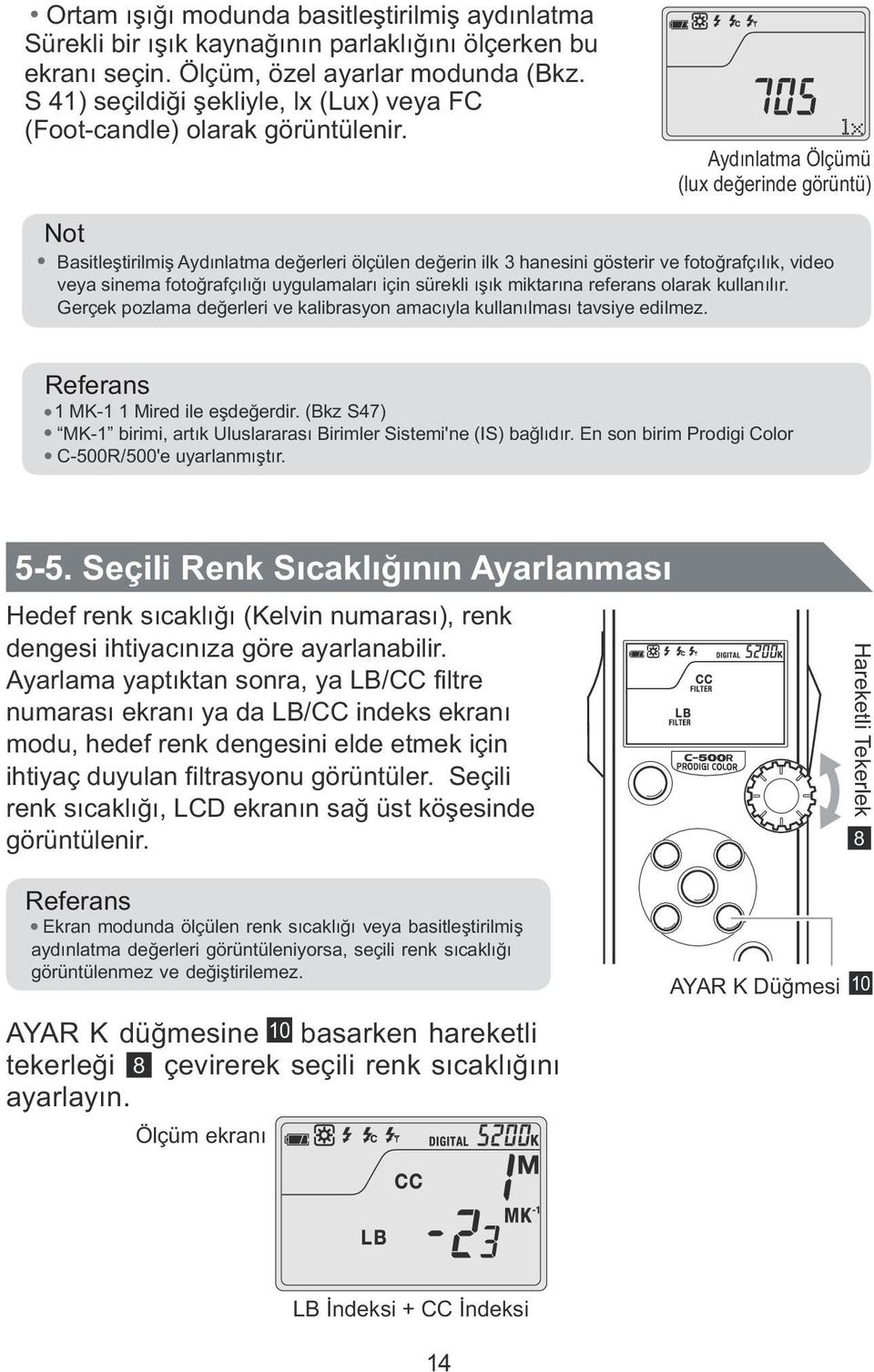 Aydınlatma Ölçümü (lux değerinde görüntü) Not BasitleştirilmişAyd ınlatma değerleri ölçülen değerin ilk 3 hanesini gösterir ve fotoğrafç ıı l k, video veya sinema fotoğrafç ılığı uygulamalar ı için