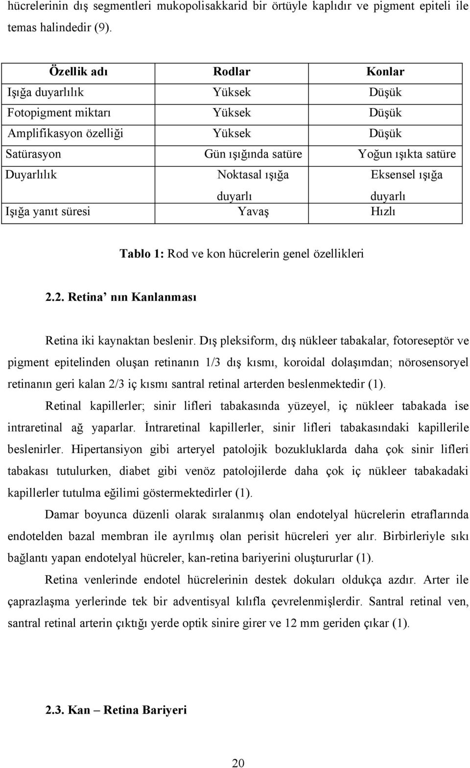 ışığa duyarlı Eksensel ışığa duyarlı Işığa yanıt süresi Yavaş Hızlı Tablo 1: Rod ve kon hücrelerin genel özellikleri 2.2. Retina nın Kanlanması Retina iki kaynaktan beslenir.