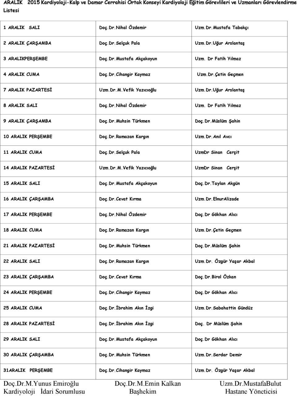 Dr.Uğur Arslantaş 8 ARALIK SALI Doç.Dr.Nihal Özdemir Uzm. Dr Fatih Yılmaz 9 ARALIK ÇARŞAMBA Doç.Dr.Muhsin Türkmen Doç.Dr.Müslüm Şahin 10 ARALIK PERŞEMBE Doç.Dr.Ramazan Kargın Uzm.Dr.Anıl Avcı 11 ARALIK CUMA Doç.