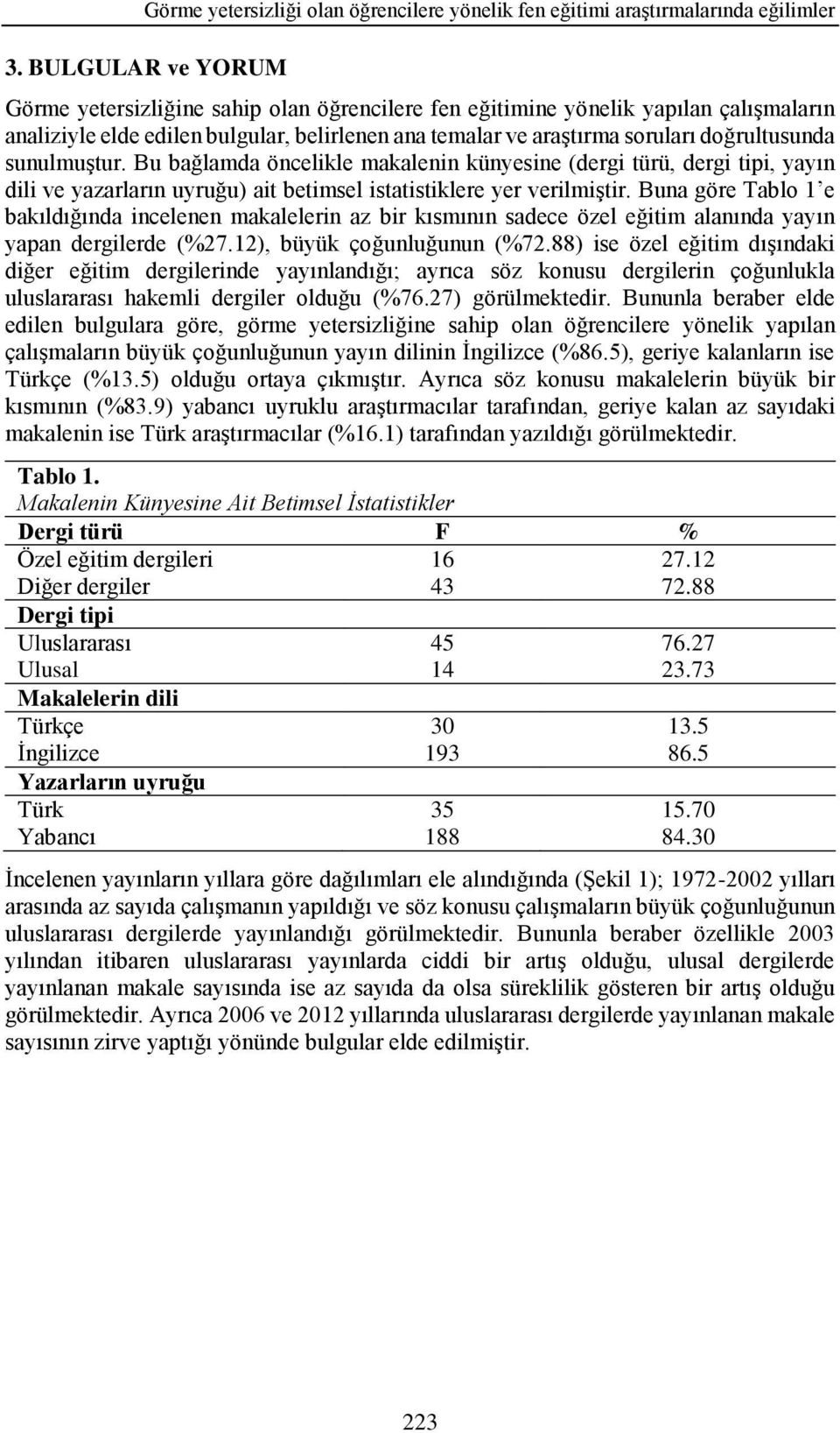 sunulmuştur. Bu bağlamda öncelikle makalenin künyesine (dergi türü, dergi tipi, yayın dili ve yazarların uyruğu) ait betimsel istatistiklere yer verilmiştir.