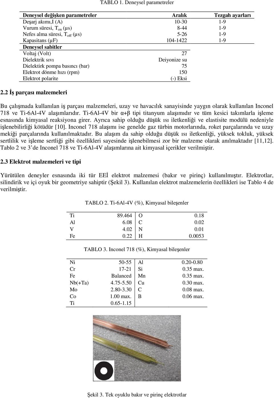 104-1422 1-9 Deneysel sabitler Voltaj (Volt) 27 Dielektrik sıvı Deiyonize su Dielektirk pompa basıncı (bar) 75 Elektrot dönme hızı (rpm) 150 Elektrot polarite (-) Eksi 2.