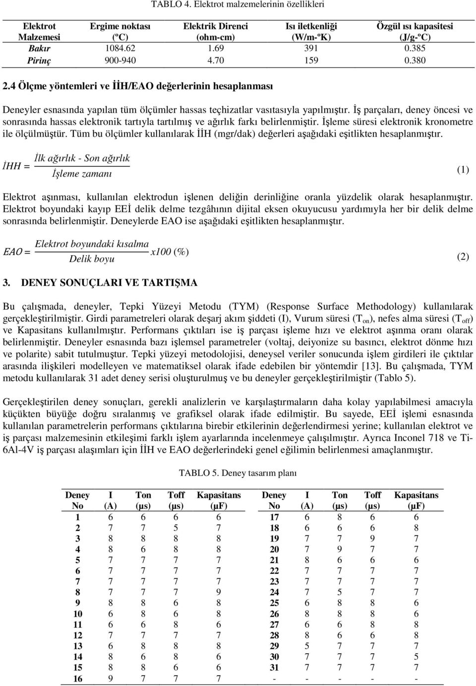 İş parçaları, deney öncesi ve sonrasında hassas elektronik tartıyla tartılmış ve ağırlık farkı belirlenmiştir. İşleme süresi elektronik kronometre ile ölçülmüştür.