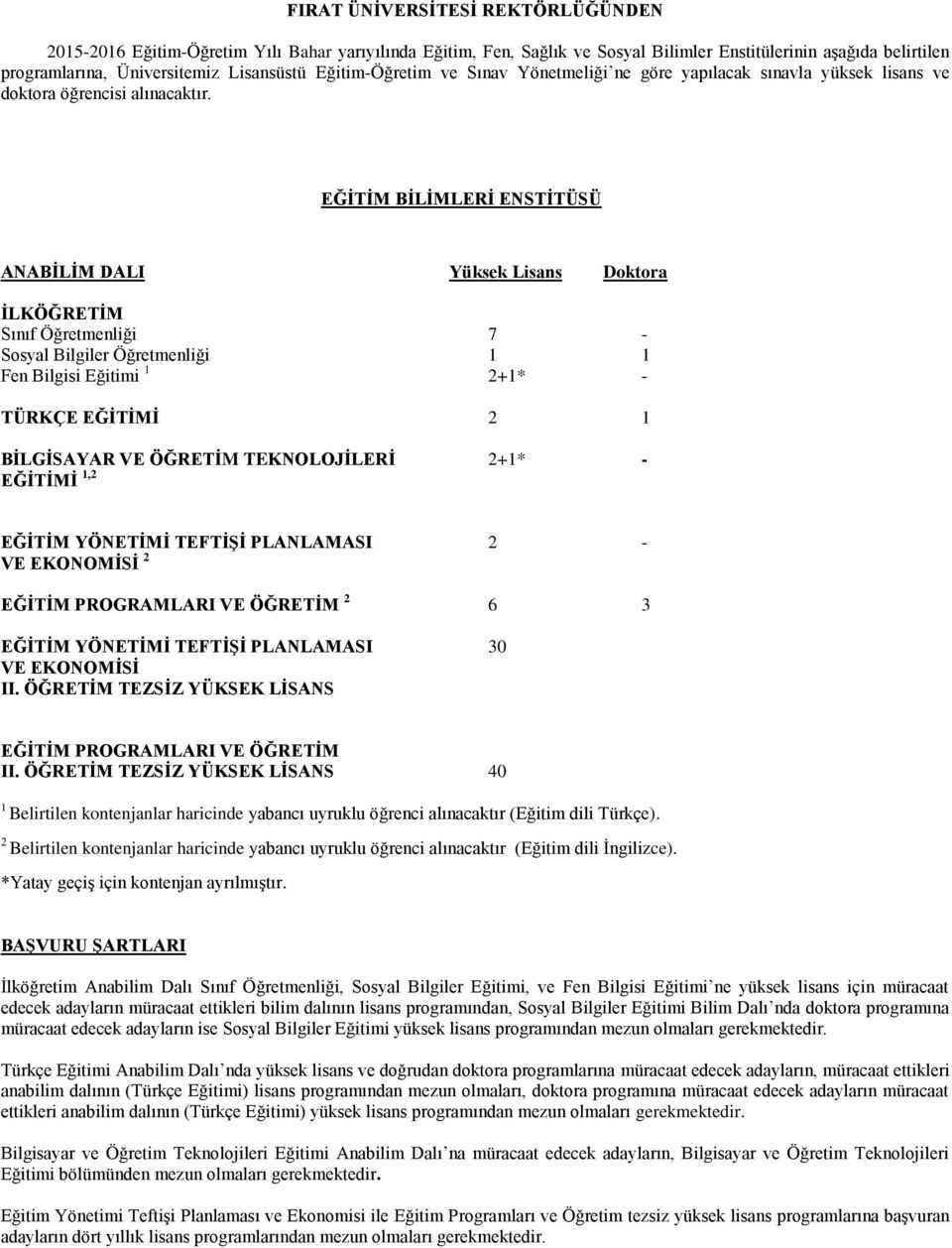 EĞĠTĠM BĠLĠMLERĠ ENSTĠTÜSÜ ANABĠLĠM DALI Yüksek Lisans Doktora ĠLKÖĞRETĠM Sınıf Öğretmenliği 7 - Sosyal Bilgiler Öğretmenliği 1 1 Fen Bilgisi Eğitimi 1 2+1* - TÜRKÇE EĞĠTĠMĠ 2 1 BĠLGĠSAYAR VE ÖĞRETĠM