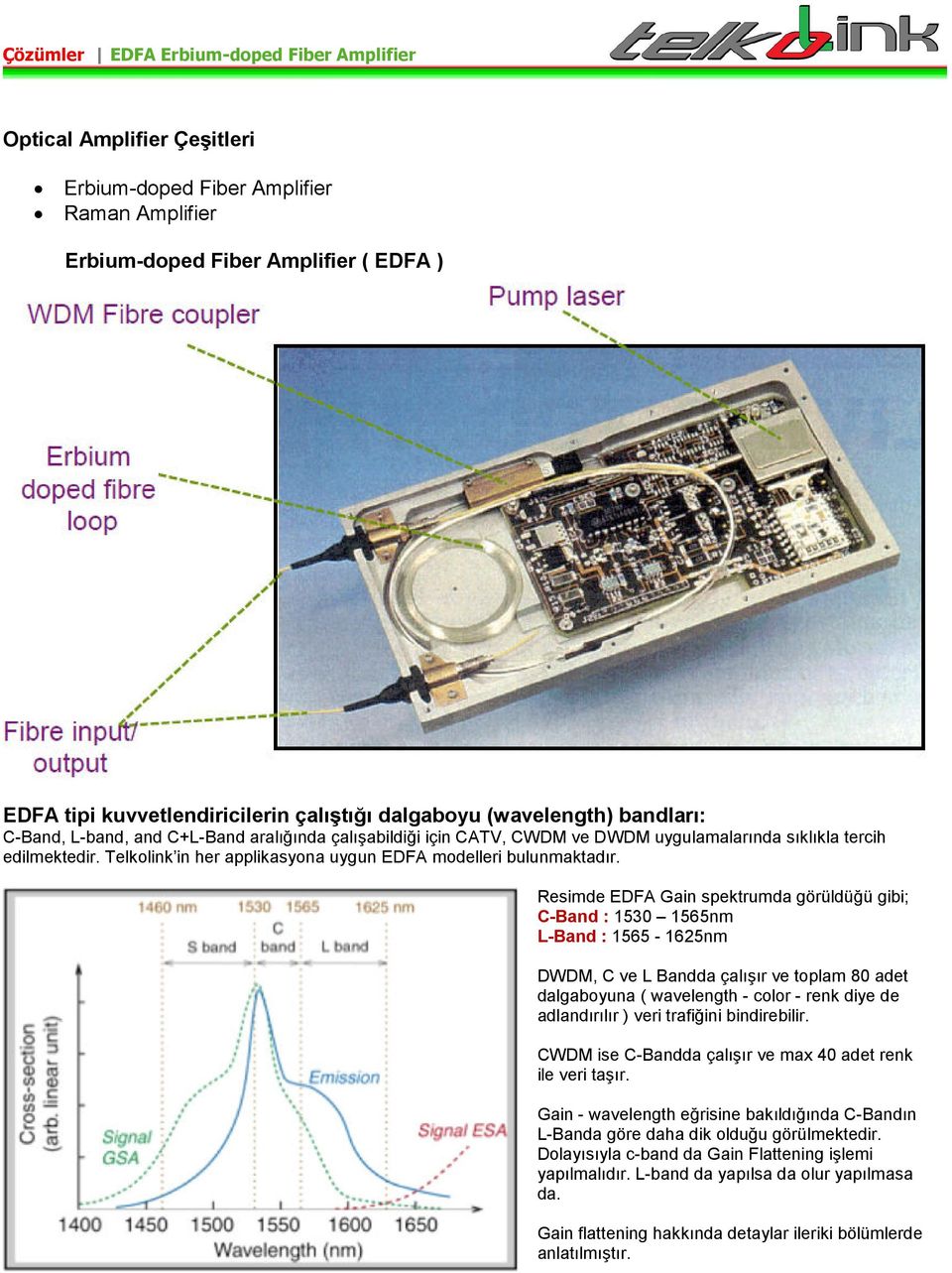 Resimde Gain spektrumda görüldüğü gibi; C-Band : 1530 1565nm L-Band : 1565-1625nm DWDM, C ve L Bandda çalışır ve toplam 80 adet dalgaboyuna ( wavelength - color - renk diye de adlandırılır ) veri