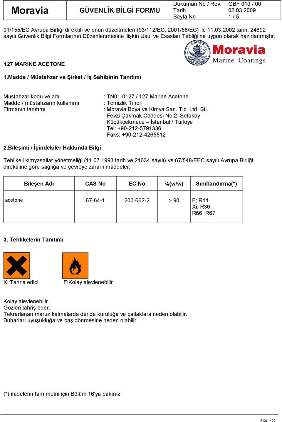 Madde / Müstahzar ve Şirket / Đş Sahibinin Tanıtımı Müstahzar kodu ve adı Madde / müstahzarın kullanımı Firmanın tanıtımı : TN01-0127 / 127 Marine Acetone : Temizlik Tineri : Moravia Boya ve Kimya