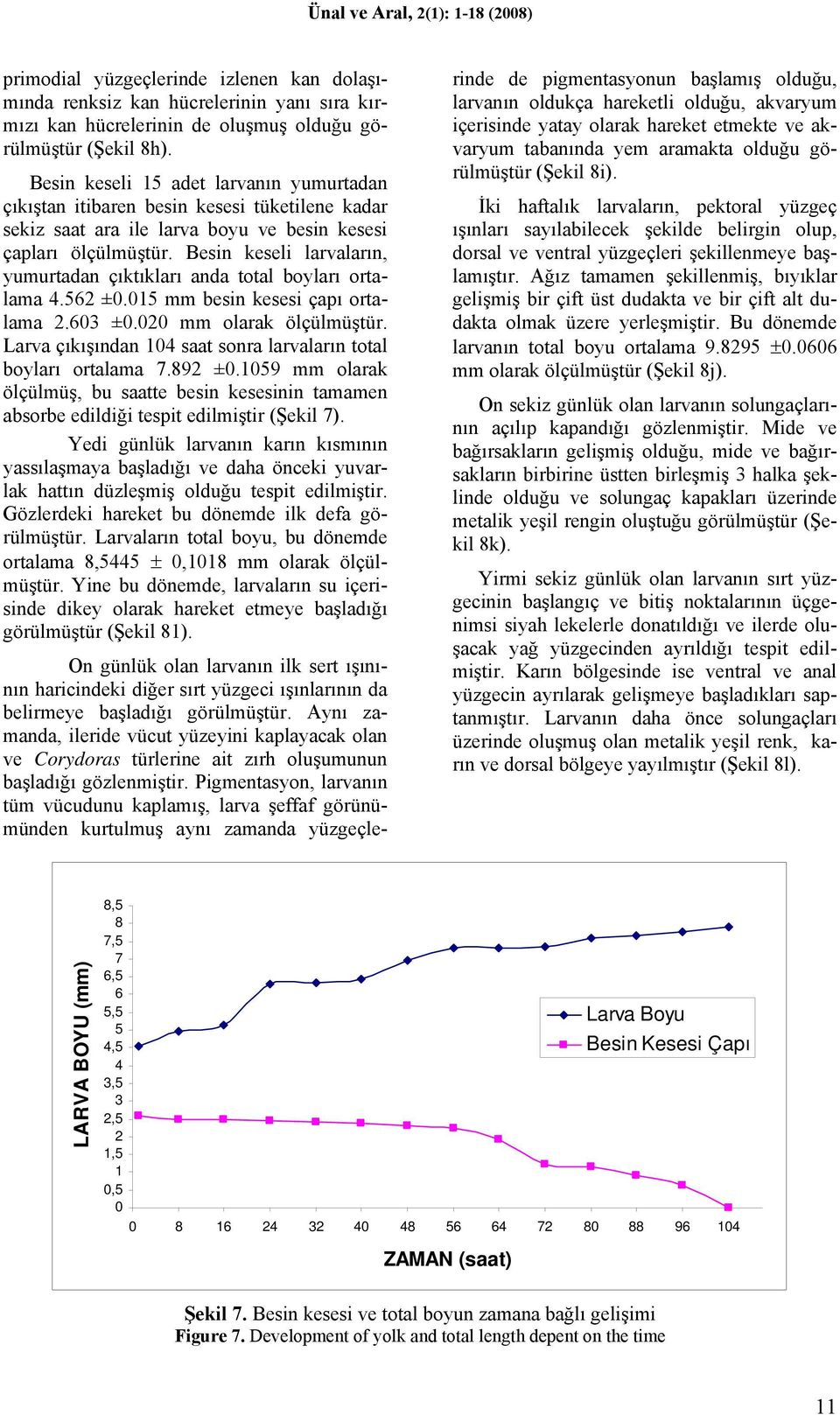 Besin keseli larvaların, yumurtadan çıktıkları anda total boyları ortalama 4.562 ±0.015 mm besin kesesi çapı ortalama 2.603 ±0.020 mm olarak ölçülmüştür.