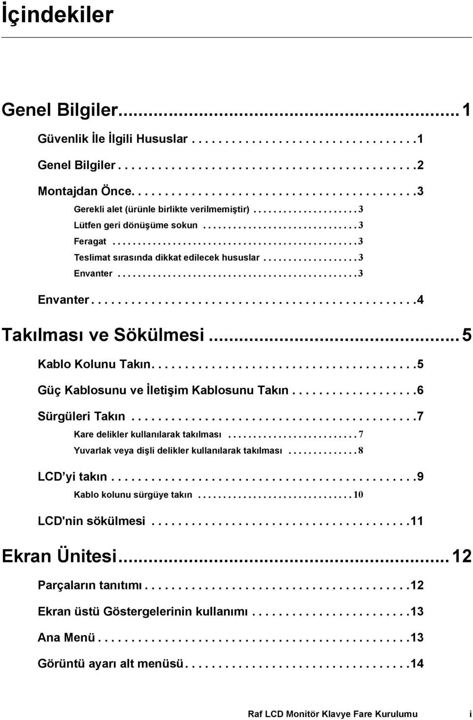 ................................................ 3 Teslimat sırasında dikkat edilecek hususlar................... 3 Envanter................................................ 3 Envanter.................................................4 Takılması ve Sökülmesi.