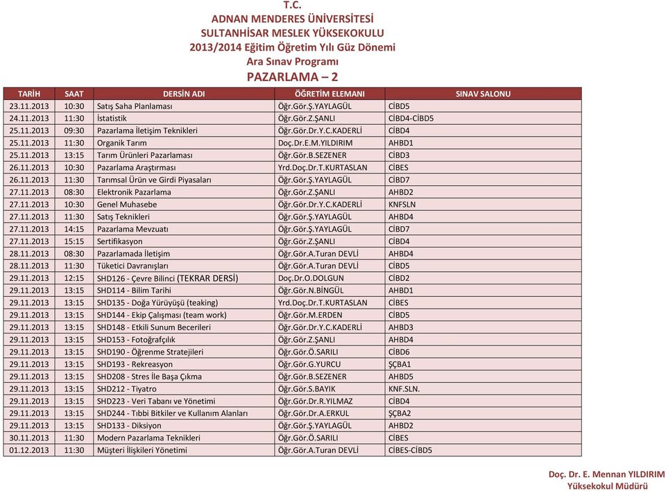 Gör.Ş.YAYLAGÜL CİBD7 27.11.2013 08:30 Elektronik Pazarlama Öğr.Gör.Z.ŞANLI AHBD2 27.11.2013 10:30 Genel Muhasebe Öğr.Gör.Dr.Y.C.KADERLİ KNFSLN 27.11.2013 11:30 Satış Teknikleri Öğr.Gör.Ş.YAYLAGÜL AHBD4 27.