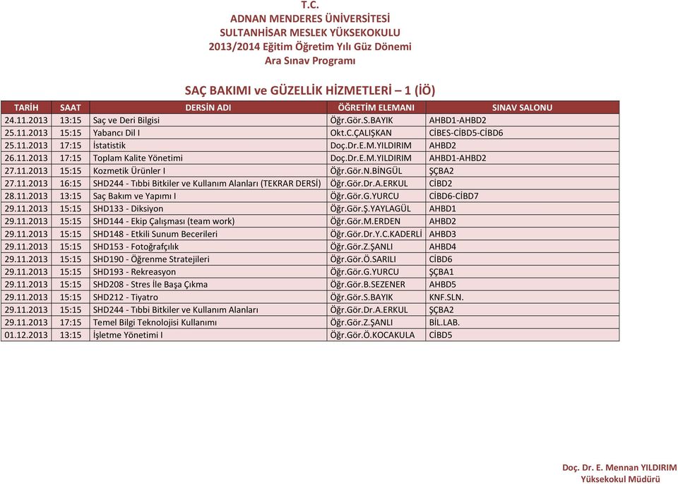 Gör.Dr.A.ERKUL CİBD2 28.11.2013 13:15 Saç Bakım ve Yapımı I Öğr.Gör.G.YURCU CİBD6-CİBD7 29.11.2013 15:15 SHD133 - Diksiyon Öğr.Gör.Ş.YAYLAGÜL AHBD1 29.11.2013 15:15 SHD144 - Ekip Çalışması (team work) Öğr.