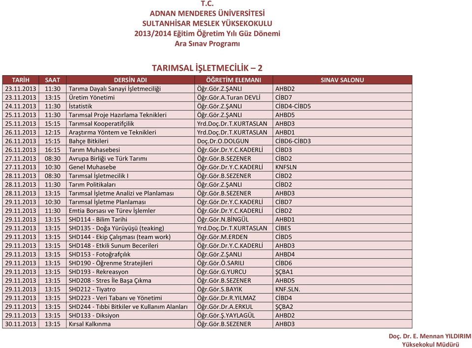 11.2013 15:15 Bahçe Bitkileri Doç.Dr.O.DOLGUN CİBD6-CİBD3 26.11.2013 16:15 Tarım Muhasebesi Öğr.Gör.Dr.Y.C.KADERLİ CİBD3 27.11.2013 08:30 Avrupa Birliği ve Türk Tarımı Öğr.Gör.B.SEZENER CİBD2 27.11.2013 10:30 Genel Muhasebe Öğr.