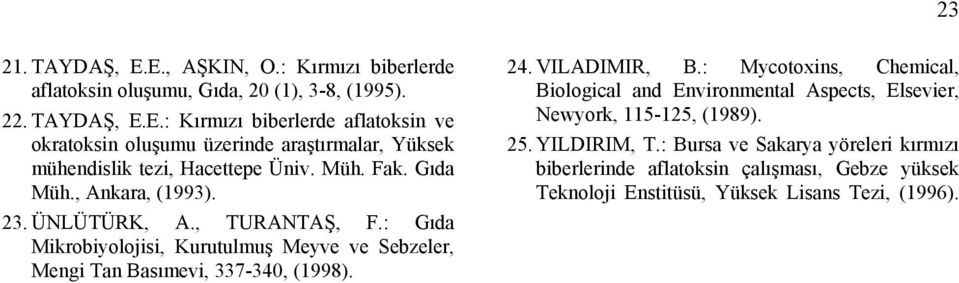 VILADIMIR, B.: Mycotoxins, Chemical, Biological and Environmental Aspects, Elsevier, Newyork, 115-125, (1989). 25. YILDIRIM, T.