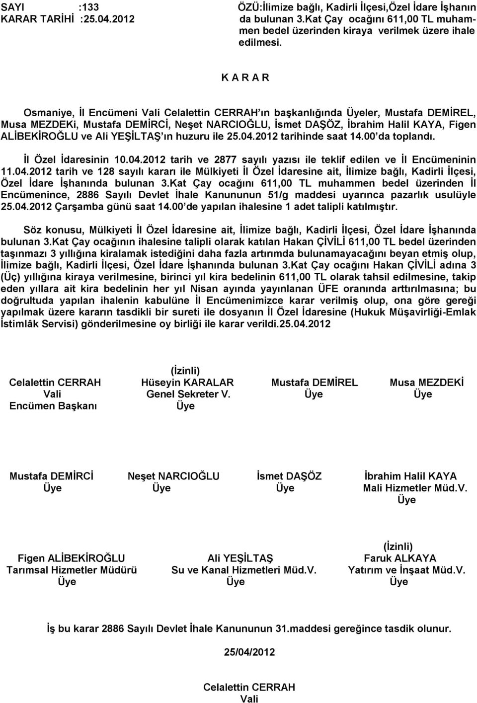 ın huzuru ile 25.04.2012 tarihinde saat 14.00 da toplandı. İl Özel İdaresinin 10.04.2012 tarih ve 2877 sayılı yazısı ile teklif edilen ve İl Encümeninin 11.04.2012 tarih ve 128 sayılı kararı ile Mülkiyeti İl Özel İdaresine ait, İlimize bağlı, Kadirli İlçesi, Özel İdare İşhanında bulunan 3.