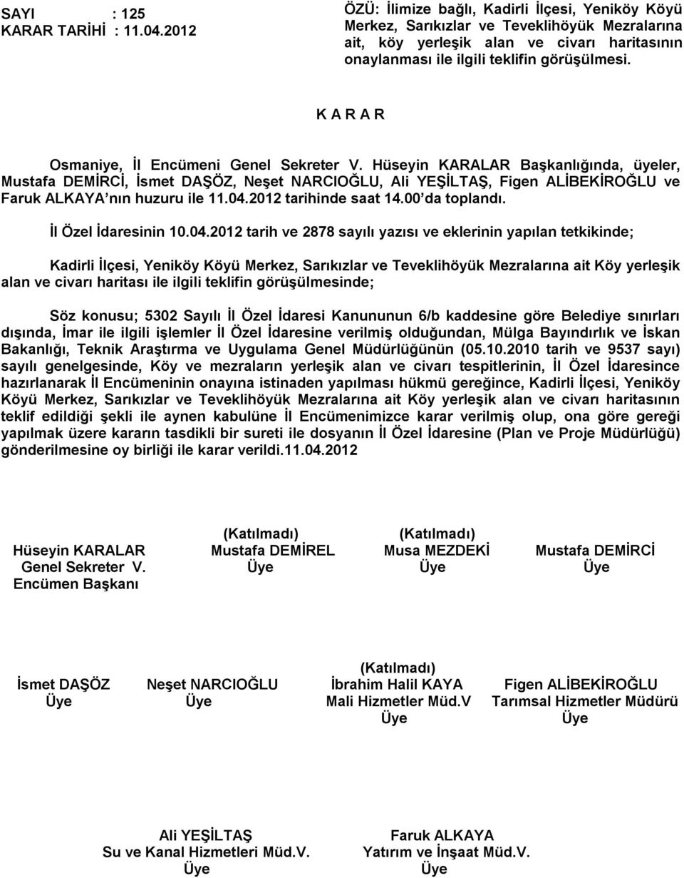 Osmaniye, İl Encümeni Genel Sekreter V. Hüseyin KARALAR Başkanlığında, üyeler, Mustafa DEMİRCİ, İsmet DAŞÖZ, Neşet NARCIOĞLU, Ali YEŞİLTAŞ, Figen ALİBEKİROĞLU ve Faruk ALKAYA nın huzuru ile 11.04.