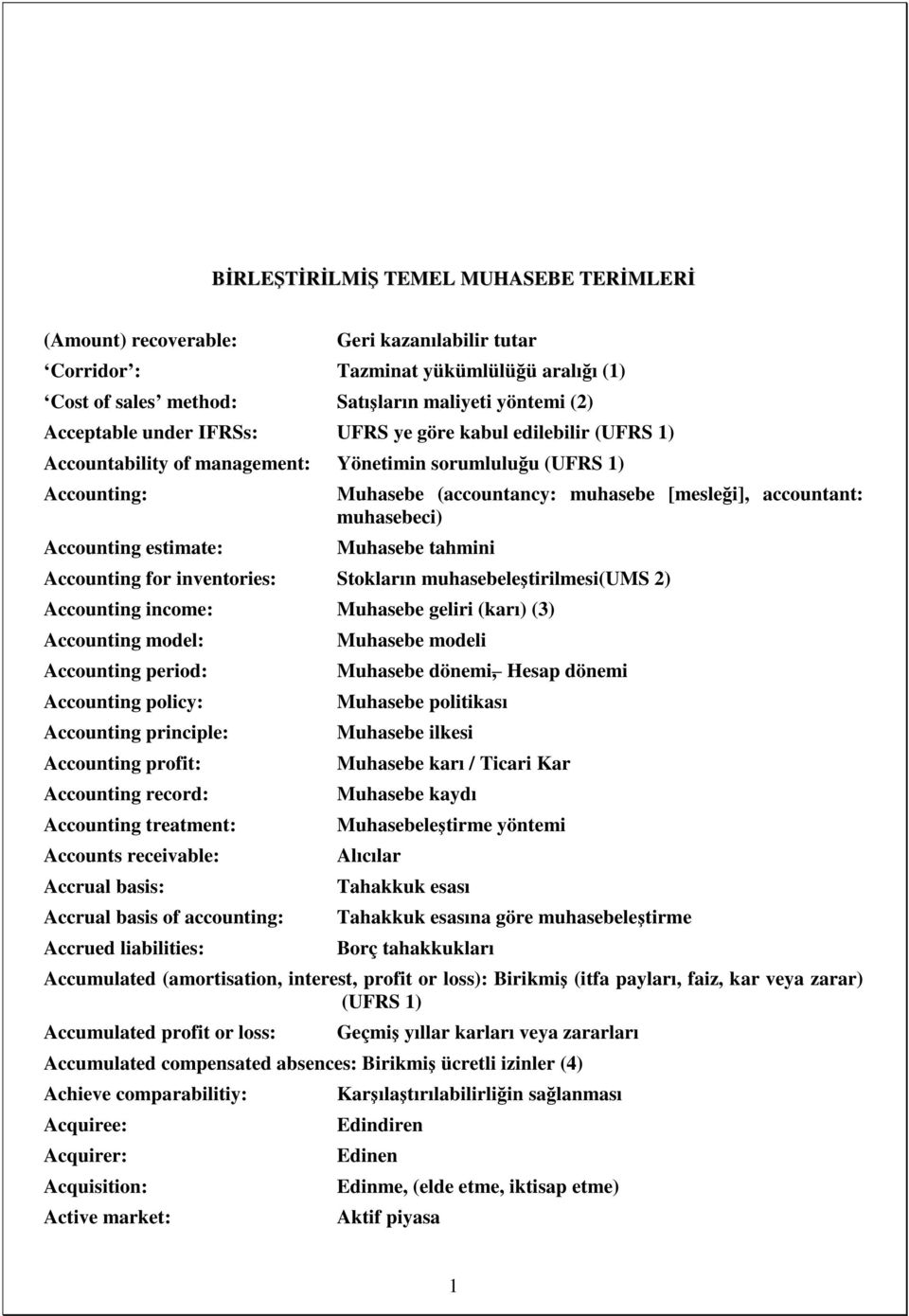 accountant: muhasebeci) Muhasebe tahmini Accounting for inventories: Stokların muhasebeleştirilmesi(ums 2) Accounting income: Muhasebe geliri (karı) (3) Accounting model: Accounting period: