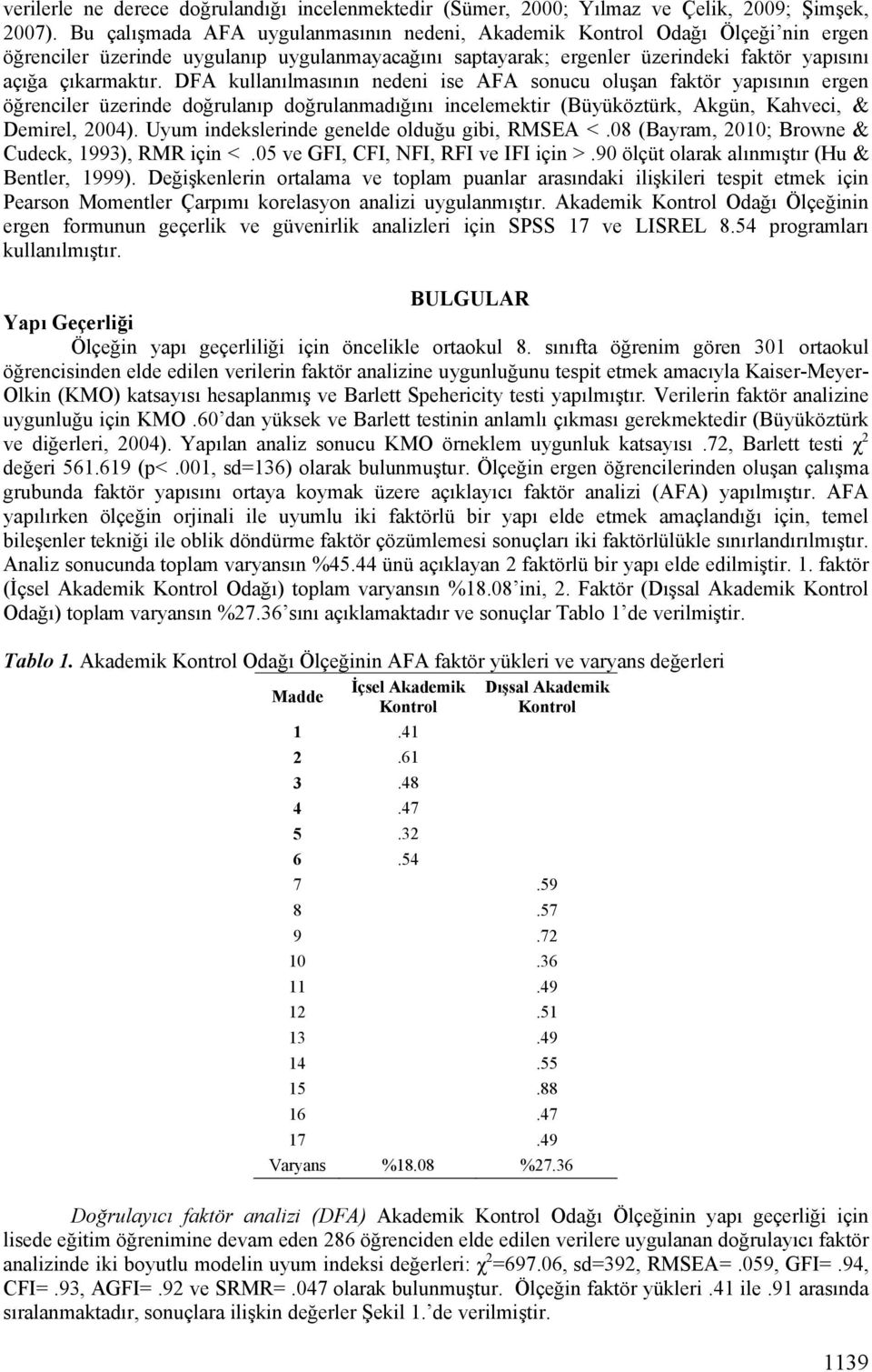 DFA kullanılmasının nedeni ise AFA sonucu oluşan faktör yapısının ergen öğrenciler üzerinde doğrulanıp doğrulanmadığını incelemektir (Büyüköztürk, Akgün, Kahveci, & Demirel, 2004).