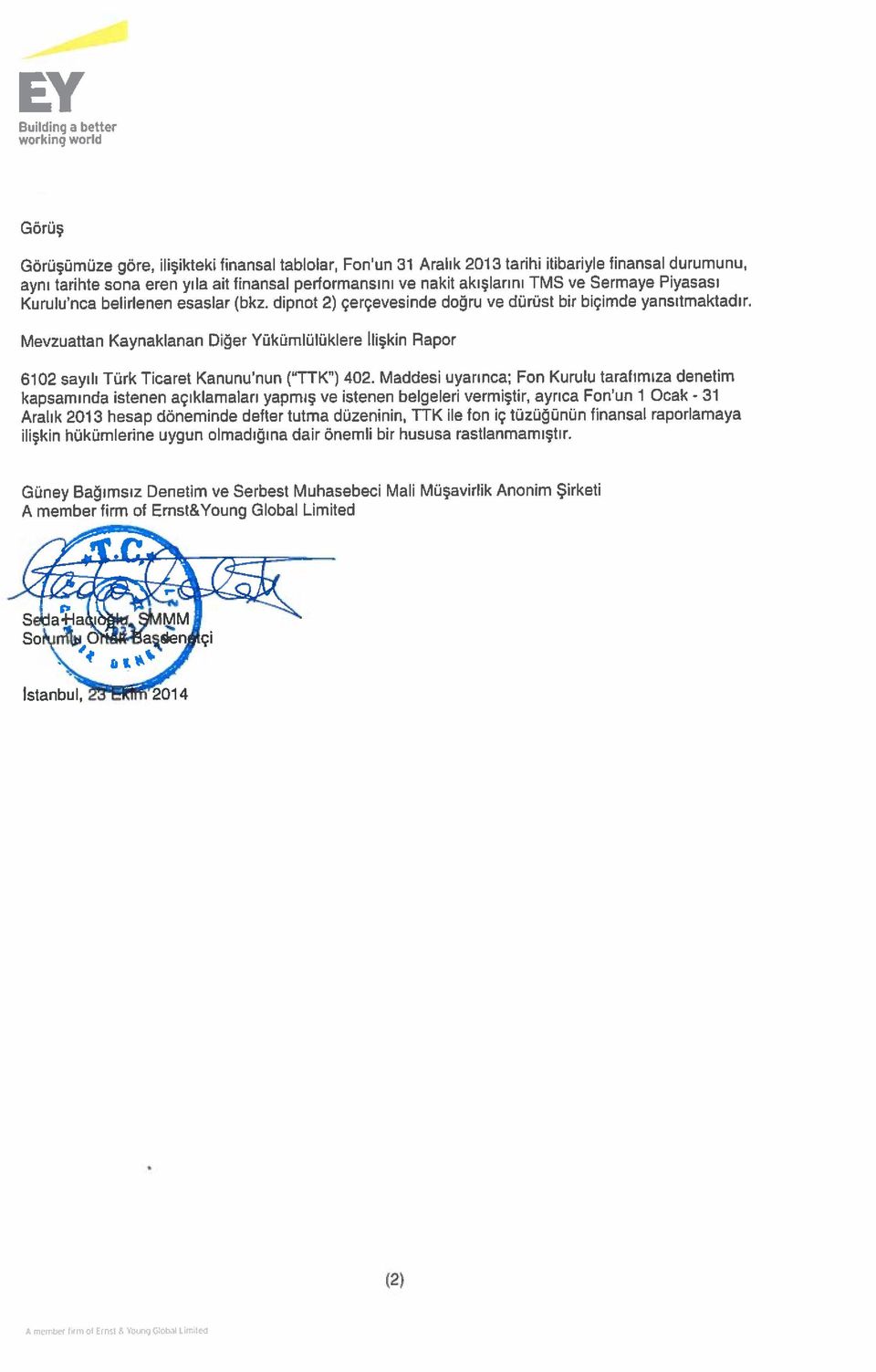 Görüşümüze göre, ilişikteki finansal tablolar, Fonun 31 Aralık 2013 tarihi itibariyle tinansal durumunu, EY 31 Aralık 2013 hesap döneminde defter tutma düzeninin, TtK le fon iç tüzüğünün finansal