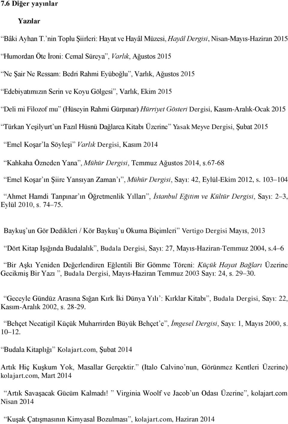 Edebiyatımızın Serin ve Koyu Gölgesi, Varlık, Ekim 2015 Deli mi Filozof mu (Hüseyin Rahmi Gürpınar) Hürriyet Gösteri Dergisi, Kasım-Aralık-Ocak 2015 Türkan Yeşilyurt un Fazıl Hüsnü Dağlarca Kitabı